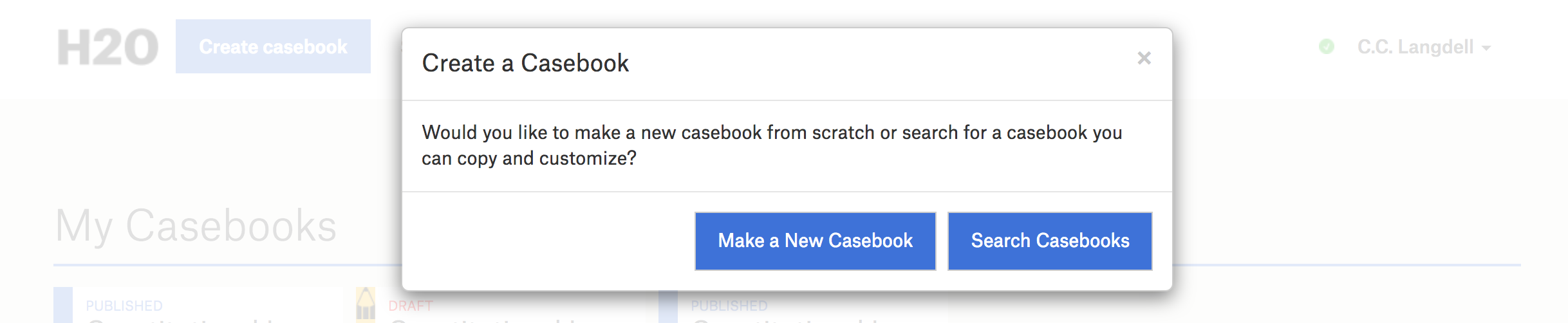 A screenshot of the Create Casebook modal, which offers two options for making a casebook.