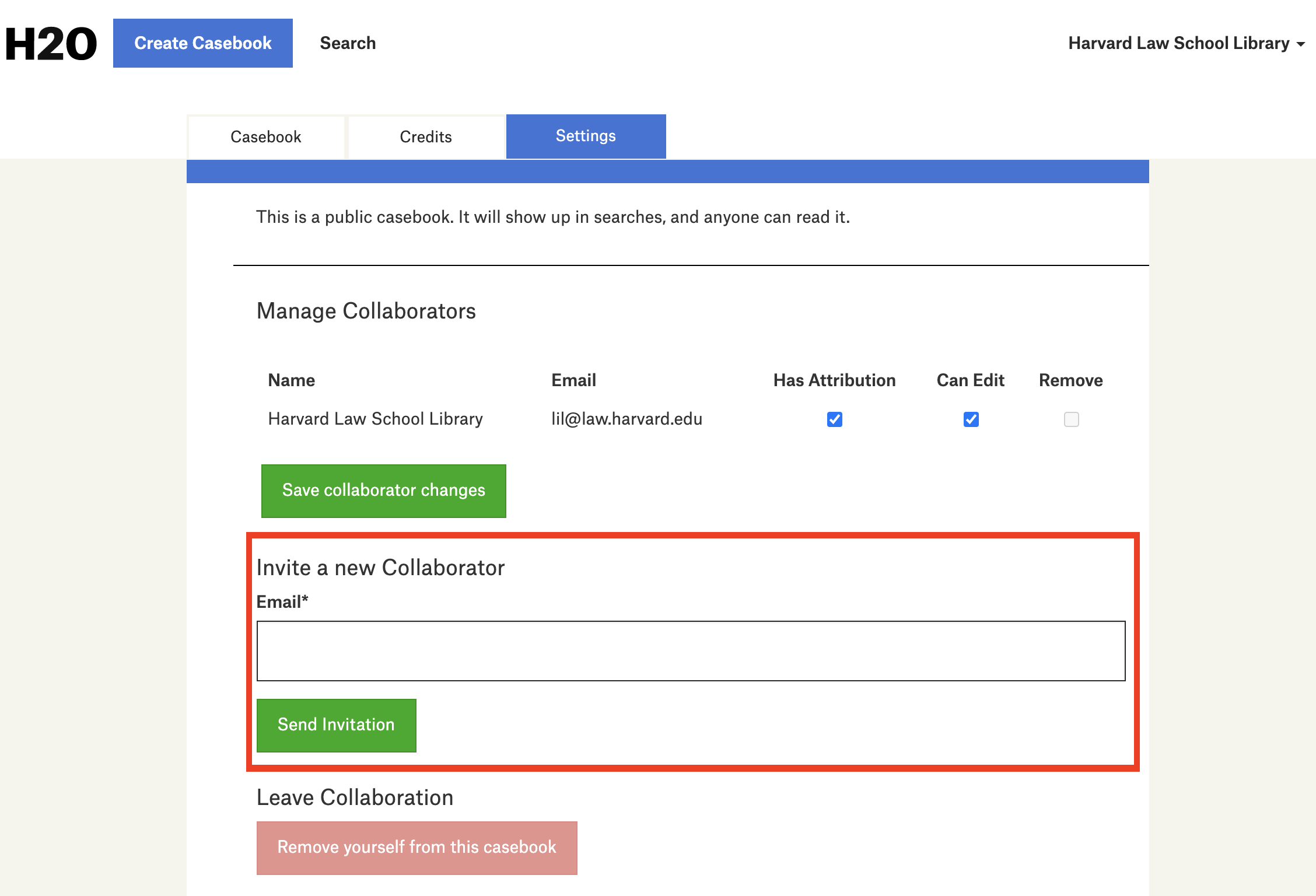 A screenshot of a published casebook’s settings page showing the email field for inviting a new collaborator.