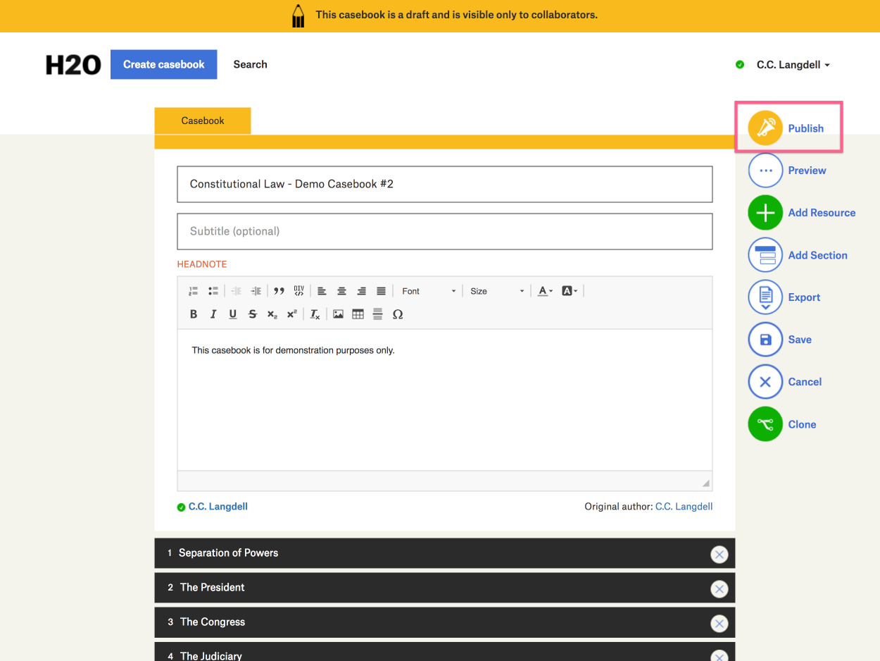 A screenshot of a draft casebook’s contents page showing the Publish button on the right side of the page.