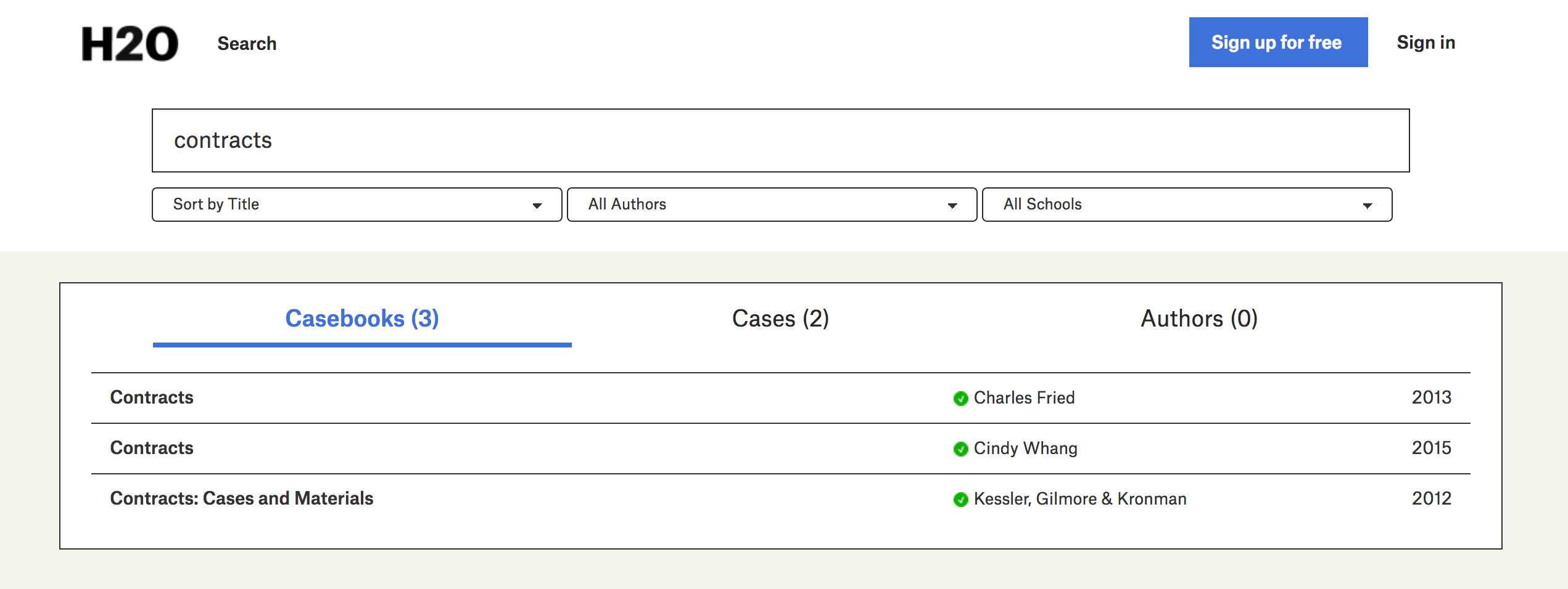 A screenshot of the search results page, showing casebooks authored by verified professors, each of which is designated by a green check mark.